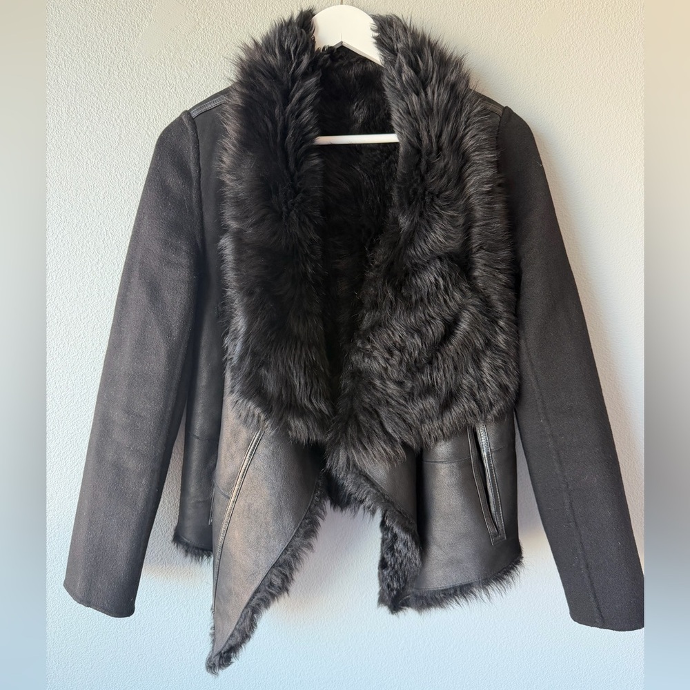 Yves Salomon black leather shearling wool cashmere reversible jacket sz 34 US 2